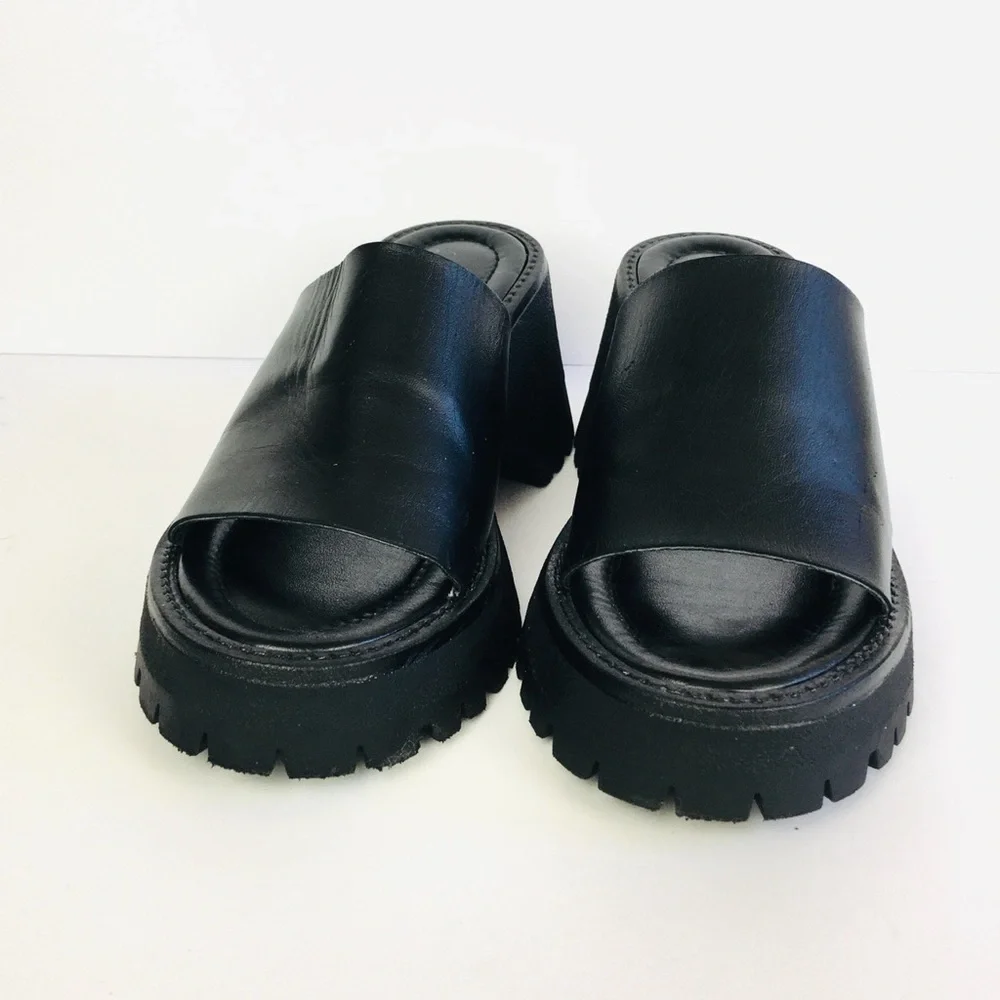 New Free People Made In Italy Winona Wedge Leather Sandals In Black Sz 37 (US 7)